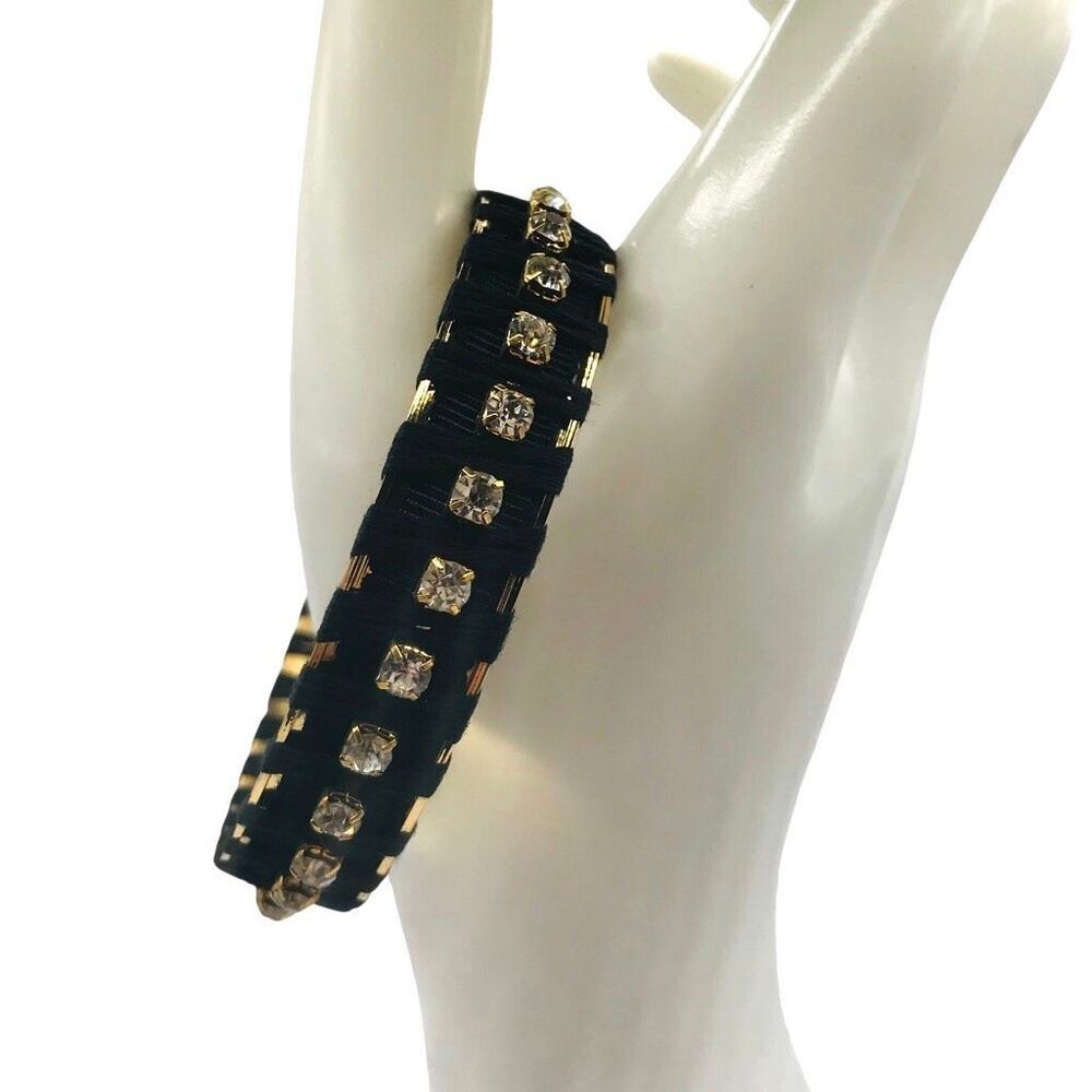 Gold Black Woven Rhinestone Bangle Bracelet